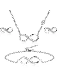 4 Pcs Silvery Infinity Jewelry Set, Stainless Steel with Cubic Zirconia, Boho Style for All Seasons, Elegant Gift for Women and Men