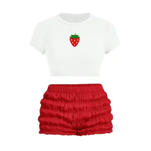 Womens Sexy Strawberry Costume, Last Minute Unique Costume Idea Teens, Strawberry Fruit Halloween Dress Up Idea, Crop Shirt Embroidered Strawberry Red Ruffle Bloomers Mini Shorts