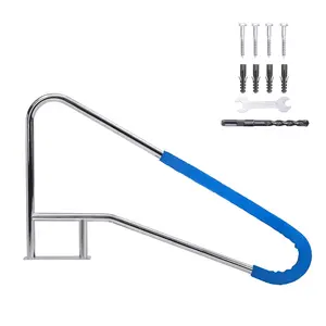 Pool Handrail 55 in x 32 in 304 Stainless Steel 385 LBS Load Capacity Rustproof Pool Rail for Inground Pool with Blue Grip Cover & Accessories, Silver