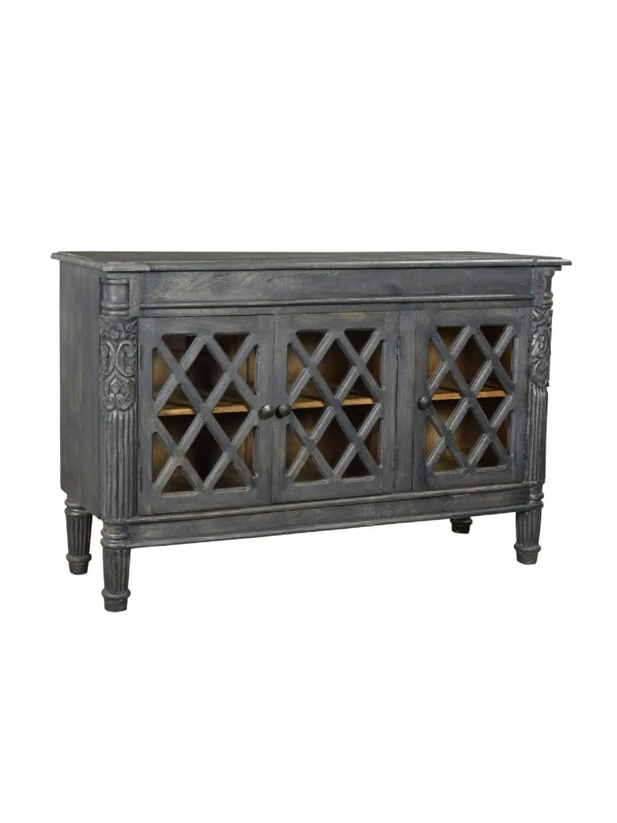 212 MAIN Dark Gray Distressed Solid Wood Carved Scrollwork Sideboard - Bedroom Storage Cabinet, 36x58x17in, 3 Glass Doors, Ideal for Traditional Home Decor