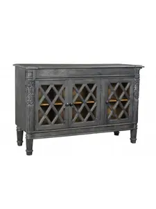 HomeRoots 488488 36 x 58 x 17 in. Dark Gray Distressed Solid Wood Carved Scrollwork Sideboard with 3 Glass Doors