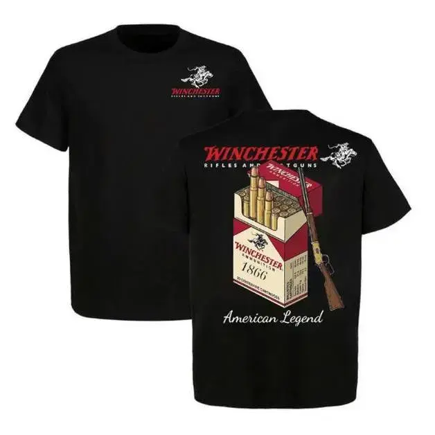 Winchester Men's Casual Round Neck Cotton Short-Sleeve T-Shirt - American Legend 1866 Ammo Box Graphic, Lever Action Rifle Print, Vintage Hunting Apparel, Gun Enthusiast Gift, Cowboy Western Style Menswear Tops, Shortsleeve