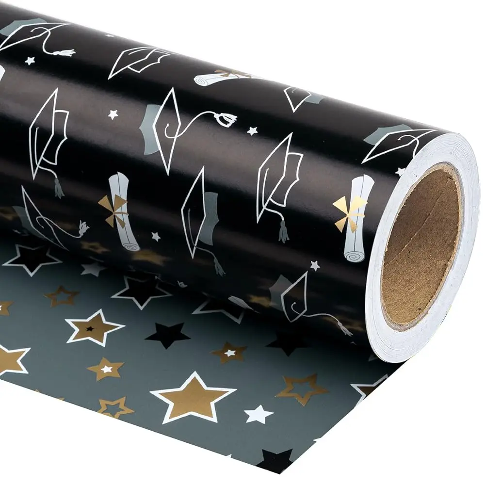 WRAPAHOLIC Graduation Wrapping Paper Roll, Black Gold Cap & Stars Gift Wrap for Graduation Party, Class Celebration, Diploma Gifts, 17 Inch x 33 Feet