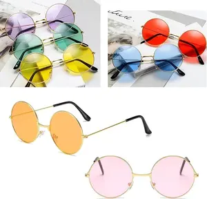 Retro Round Sunglasses Vintage Hippie Style Festival Shades Trendy Costume Party Glasses UV Protection Oversized Circle Frame Aesthetic Fashion Accessory for Men Women Teens Rave Beach Pool Music Concert Summer Travel Retro Look Stylish Eyewear