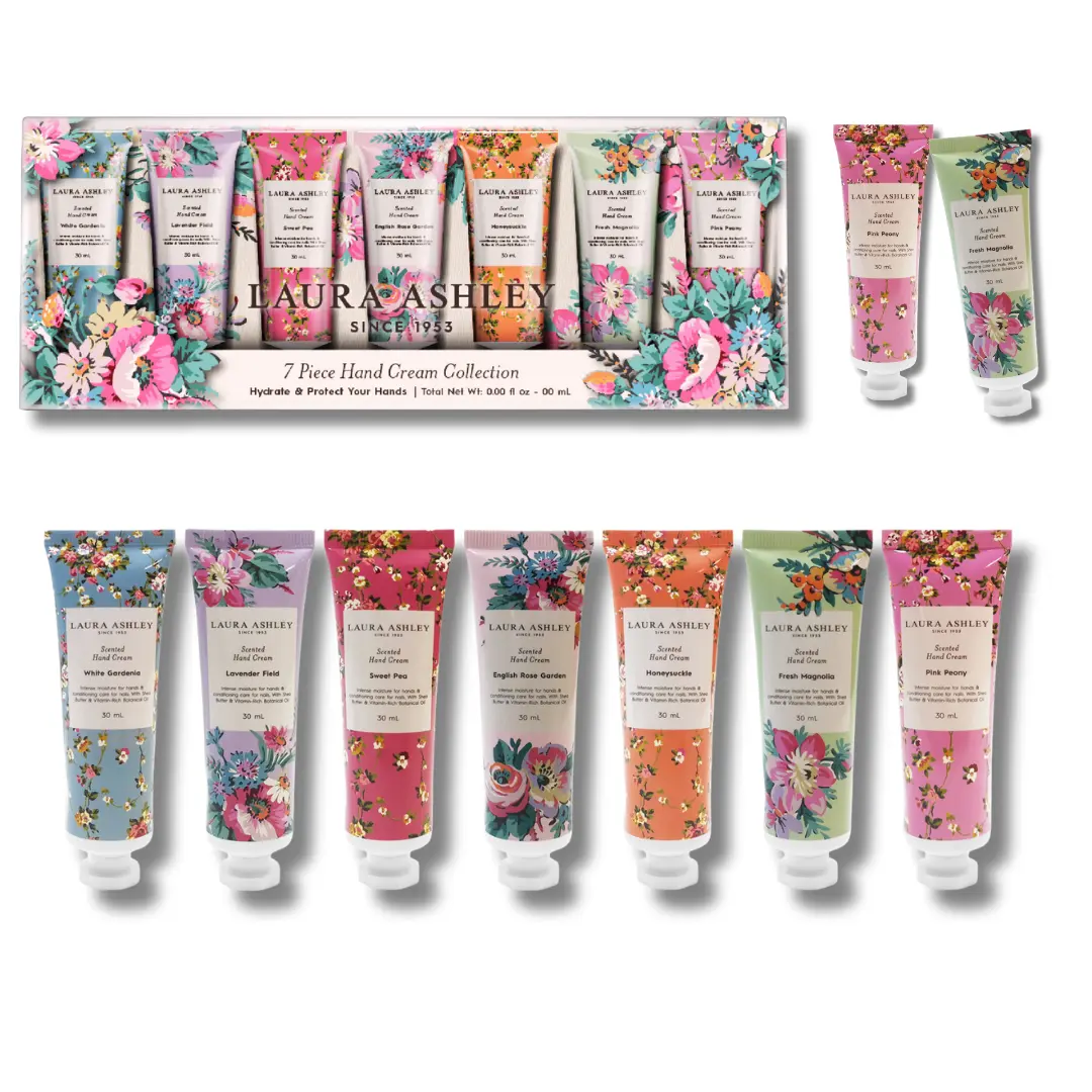 Laura Ashley Hand Cream Set - 7 Piece Hand Lotion Collection for Women, Travel Size Moisturizing Lotion for Dry Skin with Rose, Lavender, Magnolia & Floral Scents - 30ml Each