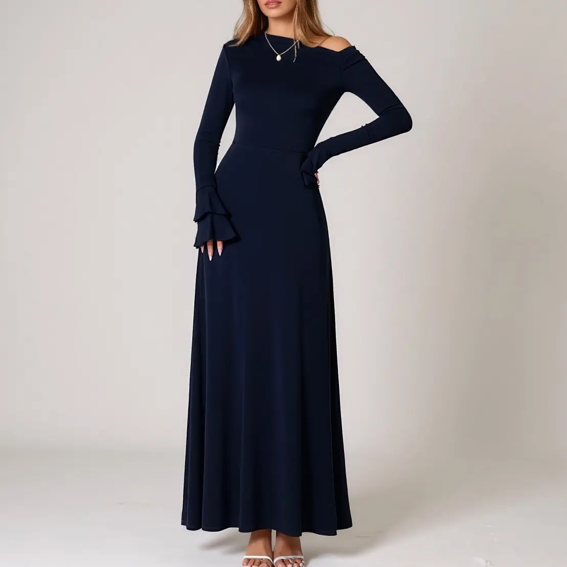 slim fit dress slacks SLEEVELESS FRINGE JACQUARD V-NECK FLARED MAXI DRESS | CULT MIA main image 0