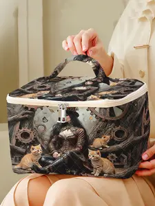 1 piece of steampunk girl and cat 2D printed portable travel makeup, brush and accessory organizer, storage box toolbox, large capacity travel wash and rinse supplies organizer bag, cute and fashionable makeup bag