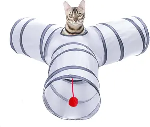 Cat Tunnel with Play Ball, 3-Way Collapsible Tube for Indoor Cats, Puppies, Kittens, and Rabbits, White and Gray