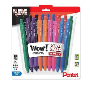 Pentel Wow! Retractable Ballpoint Pen, (1.4mm) Bold Line, Assorted Ink, 18-Pk