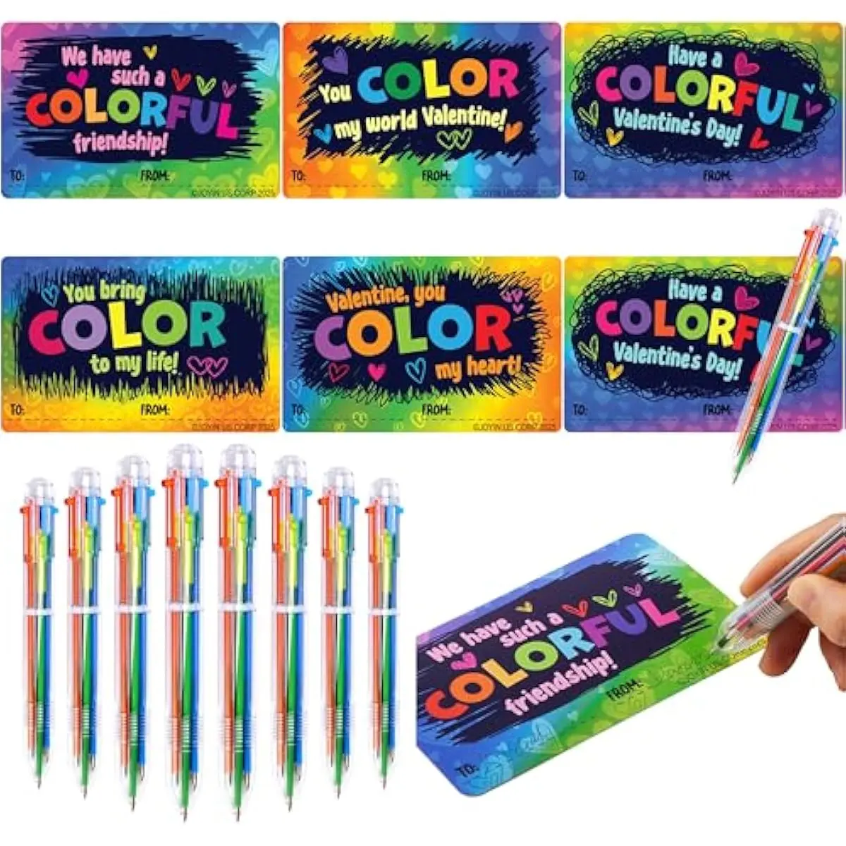 28Pcs Valentines Multicolor Pen with Cards, Stationery Gift Set for Kids, Retractable Colorful Pen with Tapes for Classroom School Exchange Gift, Kids Party Favors, Reward Prizes
