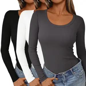 3 Piece Set Women’s Fitted Long Sleeve Shirts – Crew Neck Textured Knit, Stretch Base Layer Y2K Style