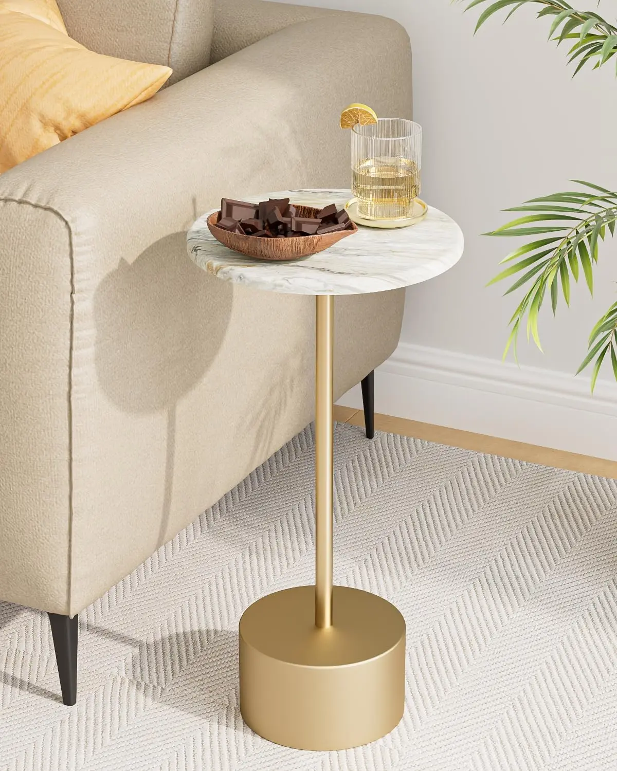 Gold Round Pedestal End Table - Compact Drink Table for Small Spaces, Living Room Indoor Furniture