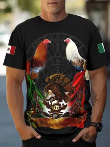 Men's Mexican Rooster Flag Print Short-Sleeve T-Shirt, European and American Trendy Aztec Eagle Pattern Loose Top, Summer Street Style Mexican Culture Rooster Crew Neck Short-Sleeve Shirt, Men's Personalized Casual T-Shirt, Menswear