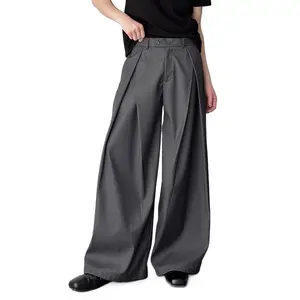 Men's Baggy Wide Leg Pants Zipper Fly Pleated Trousers Business Casual Dress Pants with Pocket