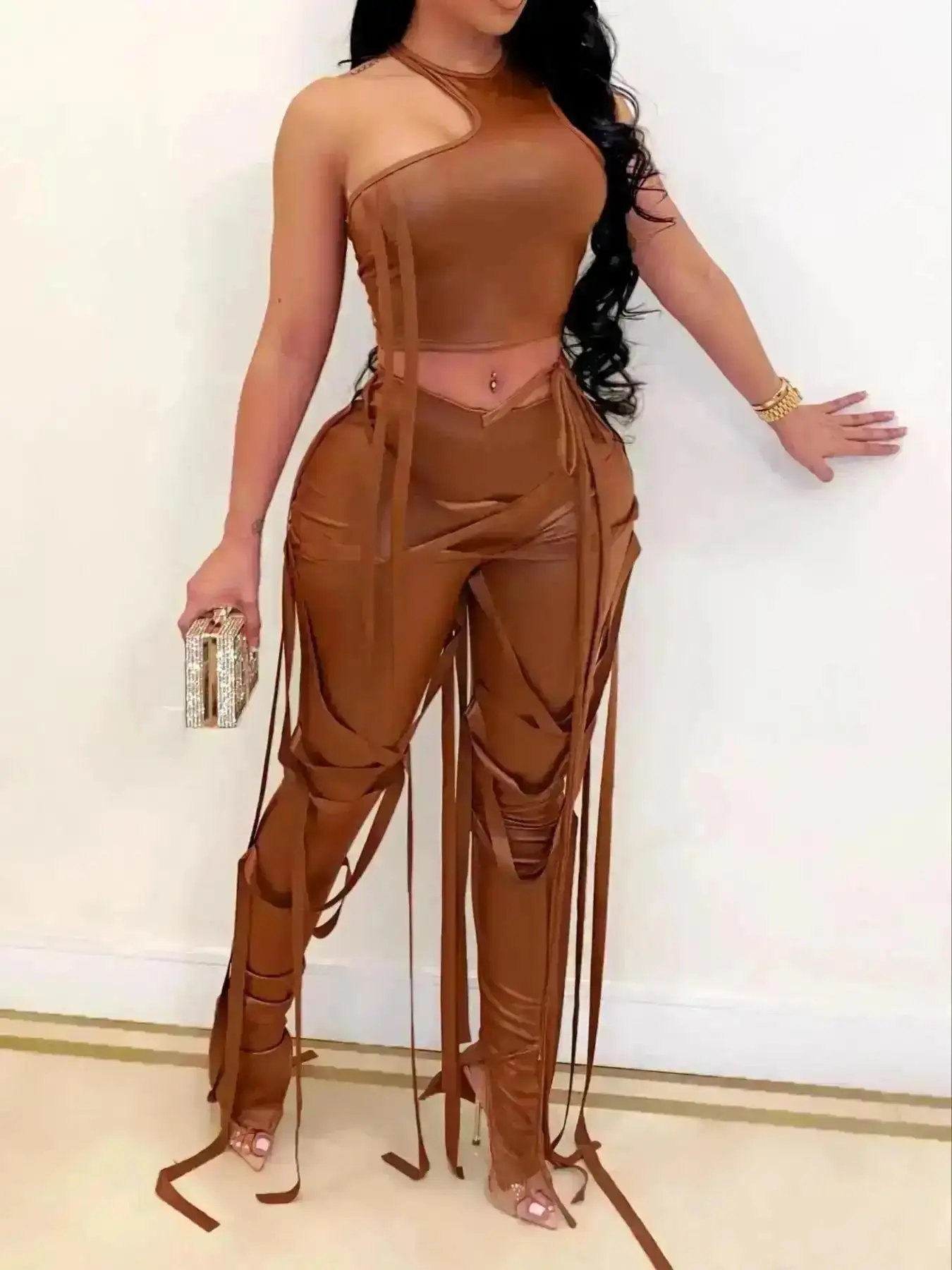 Solid Lace Women's Up Pants 2026 Two-piece Set, Back To School Asymmetrical Neck Tie Back Crop Tank Top & Split Hem String Decor Trousers, Two Piece Set Women, Hip Hop Style Clothing Set, Musical Festival for stretch fit
