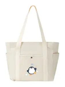 Chonky Penguin & Floating Fish Adorable Pattern Multi-Pocket Canvas Shoulder Bag All-Match Student School Work Office Shopping Daily Use Bag