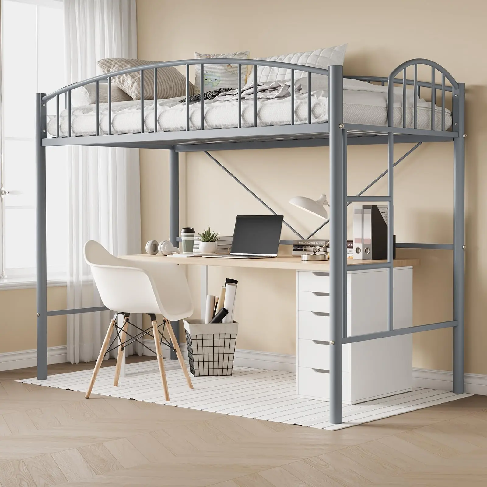 GARVEE Loft Bed Twin Size with Ladde and Arched Guardrail,Heavy Duty Metal Loft Bed Frame for Kids and Adults,Sturdy Steel Slats Support,Small Space Saving Design,No Box Spring Needed,Gray
