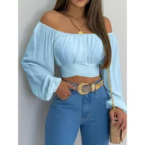 Solid Cross Tie Back Crop Blouse, Casual Off Shoulder Long Sleeve Top, Women's Clothing For Coquette/Cute/Y2K Style Shirts Womenswear Light Blue
