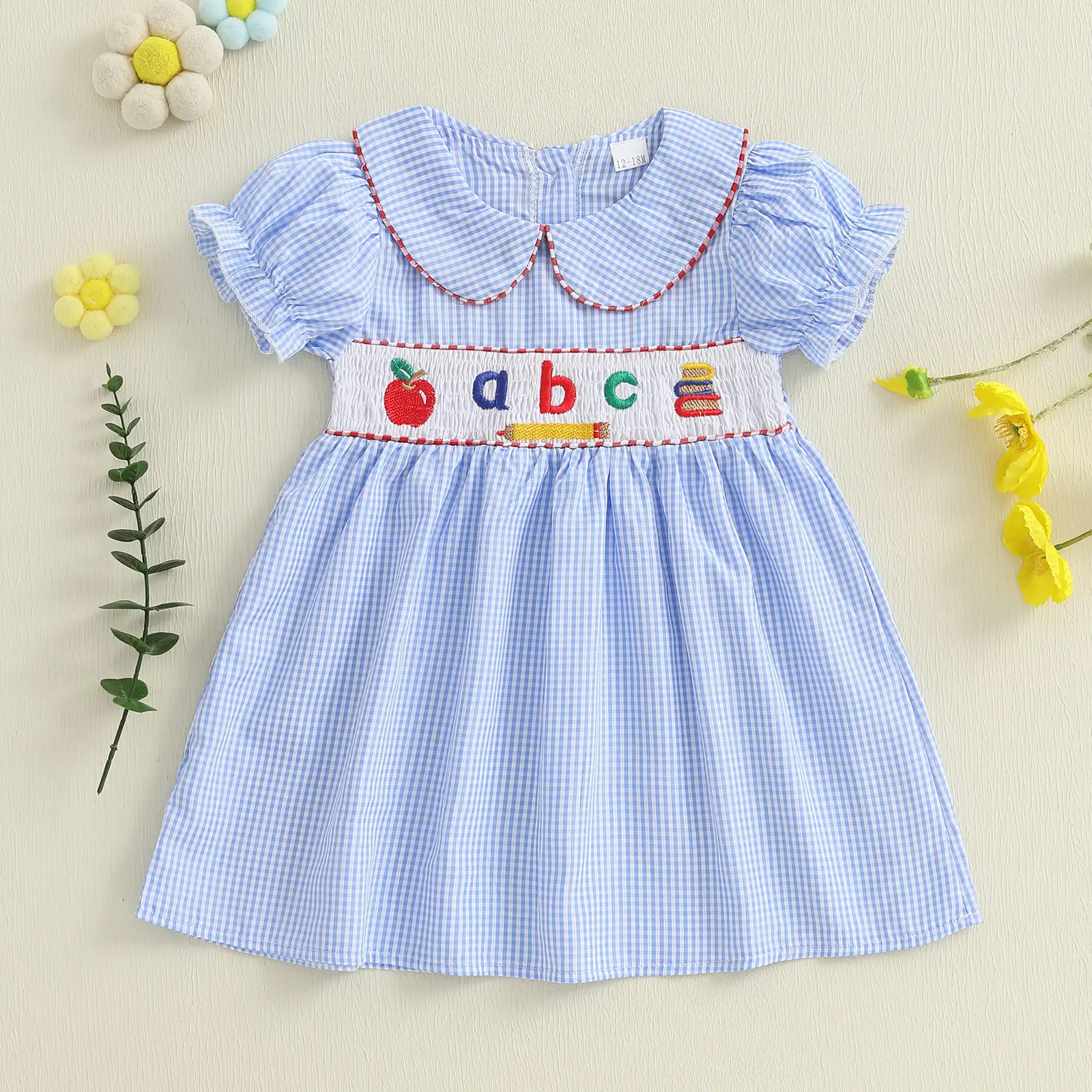 Toddler Baby Girl Back to School Clothes Peter Pan Collar Puff Sleeve Smocked Dress First Day of School Pre K Outfit