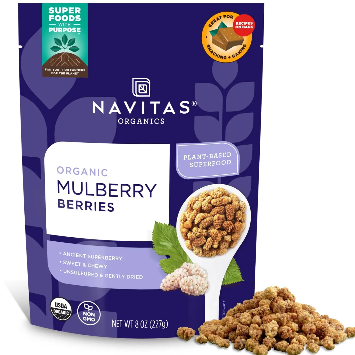 Navitas Organics Sun-Dried White Turkish Mulberries - 8oz Bag, 8 Servings - High-Fiber Berry Snack, Low Sugar Fiber Food - Non-GMO, Gluten-Free, Vegan - For Snacking, Topping (USDA Organic)