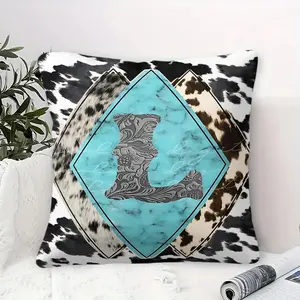 Layered Cowhide Pattern Throw Pillow, 45cm Square Digital Print Cushion, Featuring Intricate Ornate Letter 'L' in Central Turquoise Diamond, Soft & Comfortable Decorative Accent for Living Room & Bedroom