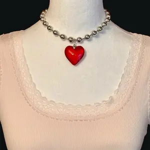 Heart Pendant Necklace Chunky Red Big Large Glass Crystal Y2K Ball Chain 3D New