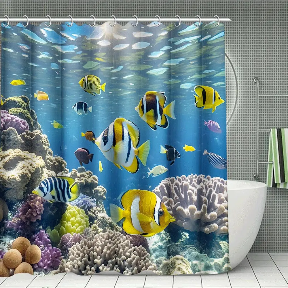 4-Piece Underwater Fish Coral Reef Shower Curtain Set, Summer Shower Curtains For Bathroom, Bathroom Accessories Including Rug, U-Shaped Pad, Toilet Seat Cover, 12 Hooks