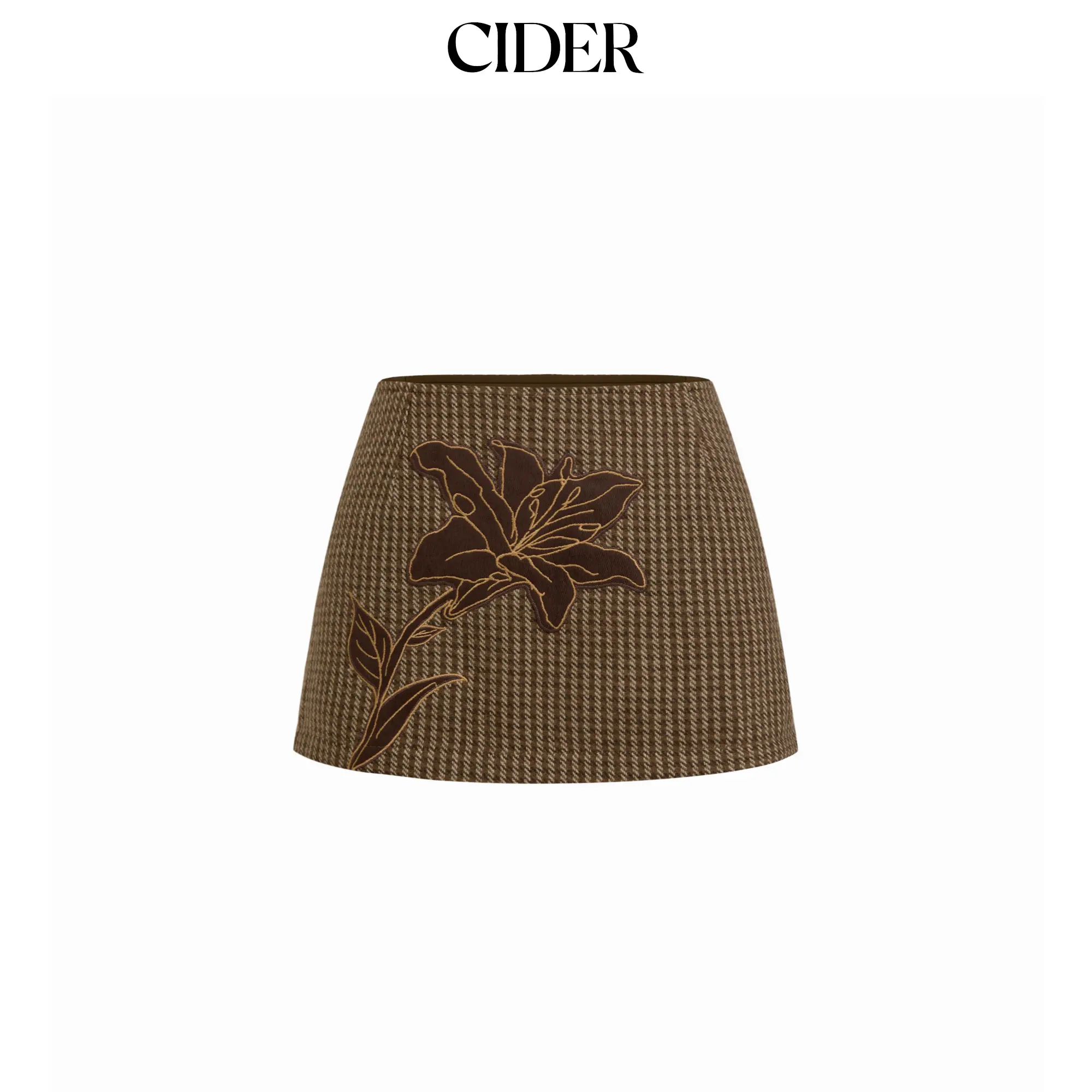 Cider Tweed Floral Applique Check Low Rise Mini Skirt