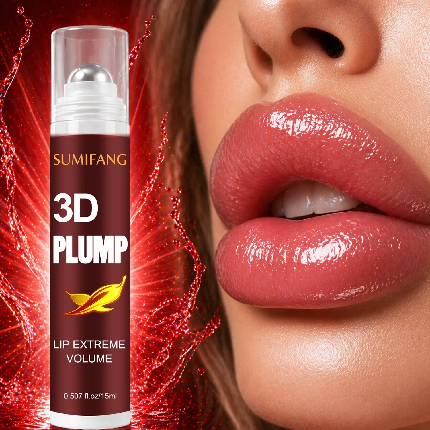 SUMIFANG 3D Lip Plumping Lip Serum, Lip Plumper, Lip Treatment, Collagen Peptides + Hyaluronic Acid, Instantly plumps, moisturizes, brightens, 360° rollerball applicator, cooling sensation, non-sticky, Can be used alone or as a lip primer for fuller lips