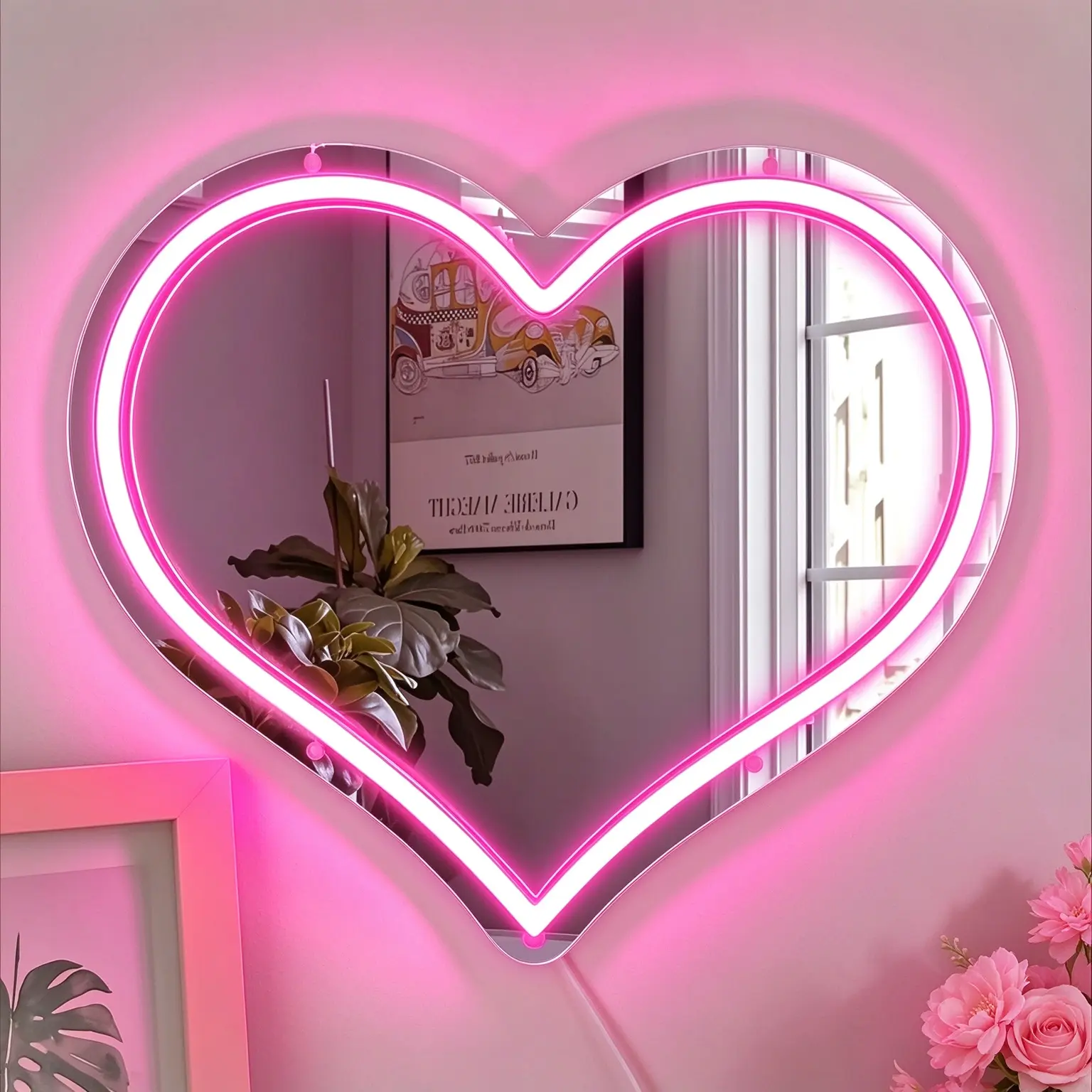 Wall-Mounted Double Heart Shape Vanity Mirror - Elegant Decorative Glam Look, Pink Dimmable Interior Lighted, USB Powered LED Neon Lamp, Bedroom Home Decor Gift