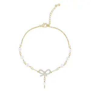 Sweet Lolita Crystal Bow Charm Pearl Beaded Bow Bracelet For Women Jewe Hot