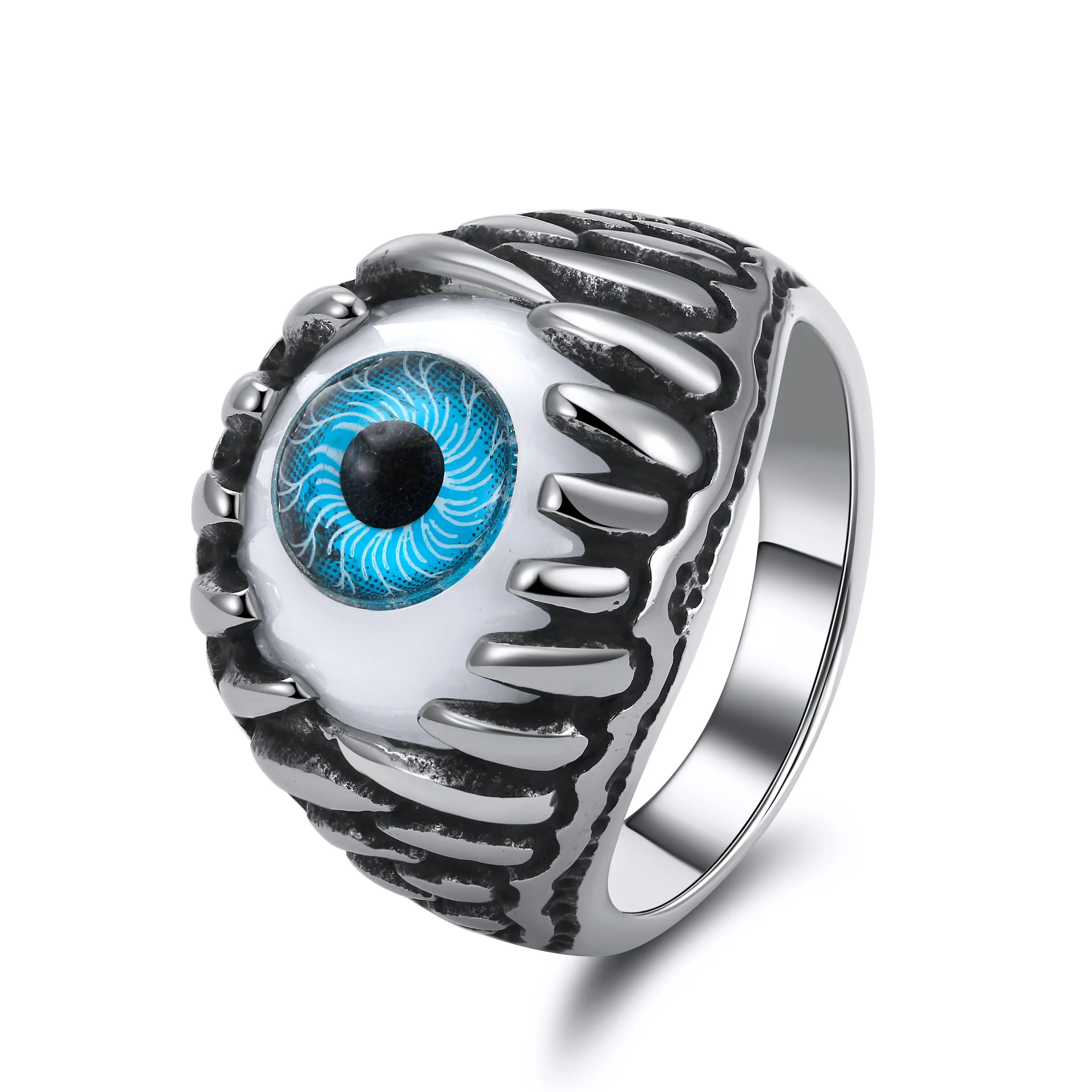 Blue Evil Eye Ring for Women by Ginger Lyne |  Eyeball Biker Ring for Men Stainless Steel Gothic Punk Design Fashion Jewelry for Him or Her