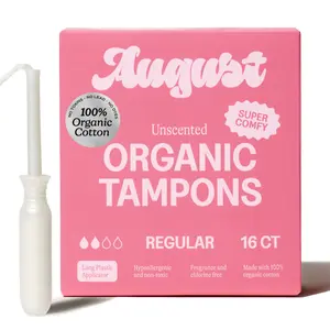 August Regular Tampon Zero-Feel Organic Cotton Hypoallergenic & Unscented 16 Count Long BPA-Free Plastic Applicator