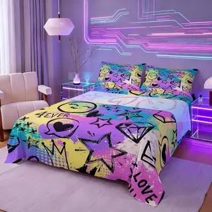 Cartoon Graffiti Bed Sheets,Watercolor Print Bedding Set,Kids Girls Women Room Decor,Purple Lilac Star Crown Bed Sheet Set