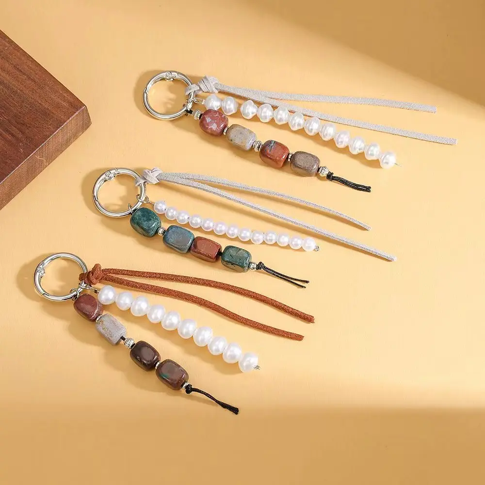 3Pcs Boho Natural Stone Faux Pearl Keychain for Women, Suede Tassel Bag Charm Pendant, Vintage Western Handmade Beaded Key Ring Accessory Gift for Purse Backpack Daily