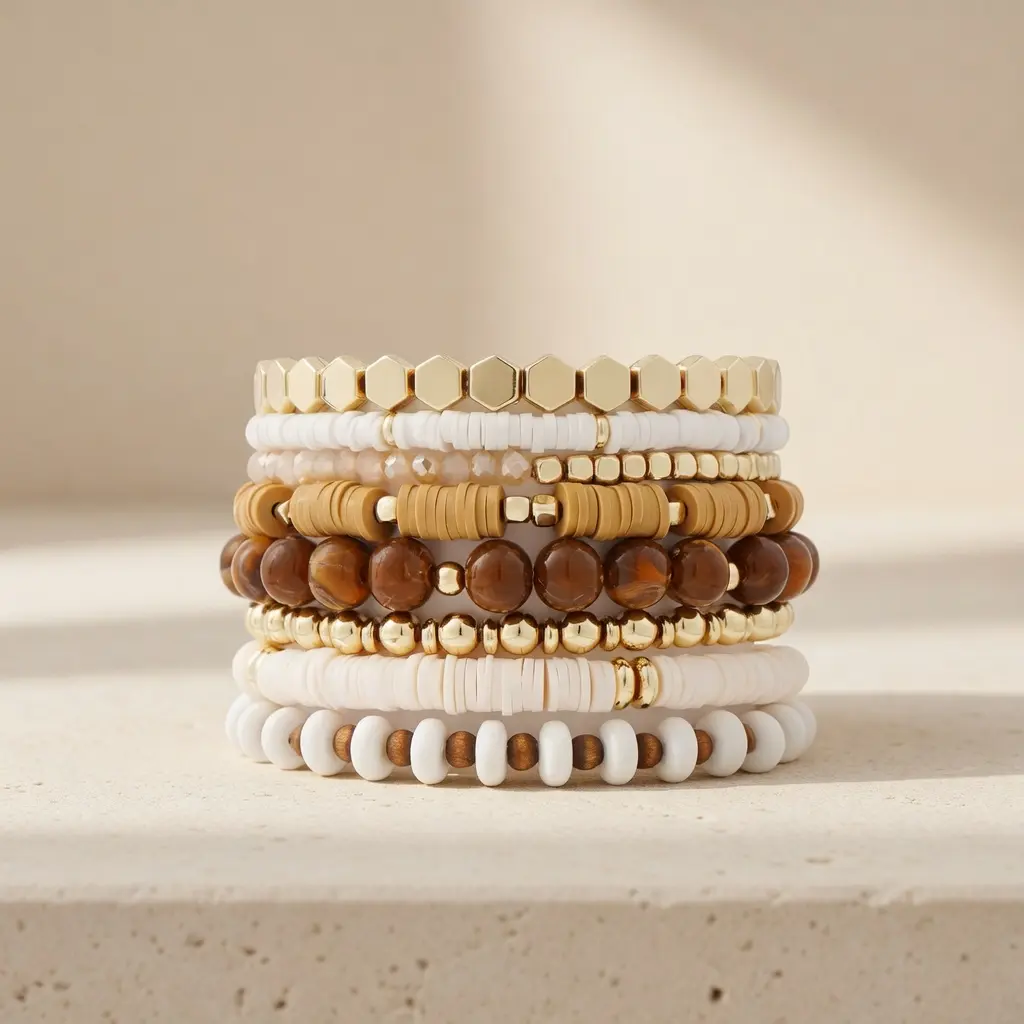 Heishi Clay Bead Bracelets Trending Womens Boho Surfer Stackable Gold Plated Elastic Stretch Layering Friendship Beaded Jewelry Set
