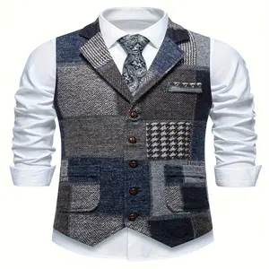 Men's Sleeveless Vintage Patchwork Lapel Stretch Knitwear Sports Vest, Polyester Casual Tops for Sports & Outdoor Activities