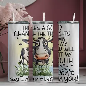 20oz stainless steel water bottle with straw, Cow standing on the grass with surprised expression skinny tumbler, suitable for fitness, travel, driving, and daily use at home. A great gift for family and friends | 1pc