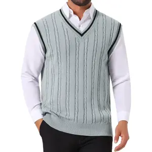INSPIRE CHIC Men's V-Neck Sleeveless Solid Color Cable Knitted Sweater Vest Small Light Gray