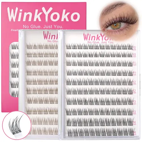 WinkYoko Pre-Glued Cluster Lashes for Adults - Self-Adhesive Natural Cosmetic Eyelash Extensions, Fishtail/C Curl, 8-14mm Mixed Length, Beginner-Friendly, Lightweight Wispy Cat Eye Look, Long-Lasting