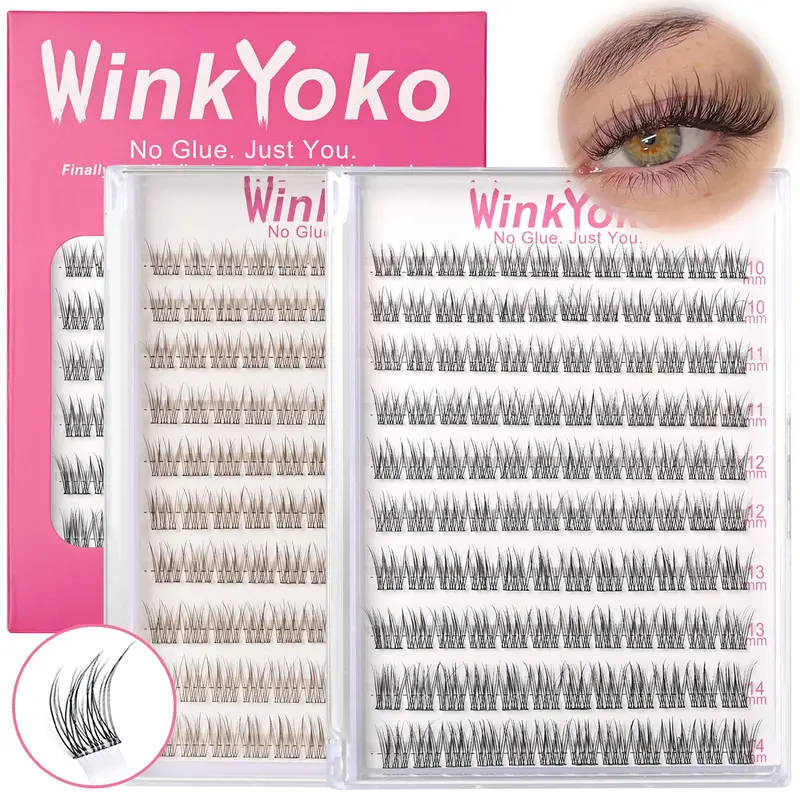 WinkYoko Pre-Glued Cluster Lashes for Adults - Self-Adhesive Natural Cosmetic Eyelash Extensions, Fishtail/C Curl, 8-14mm Mixed Length, Beginner-Friendly, Lightweight Wispy Cat Eye Look, Long-Lasting