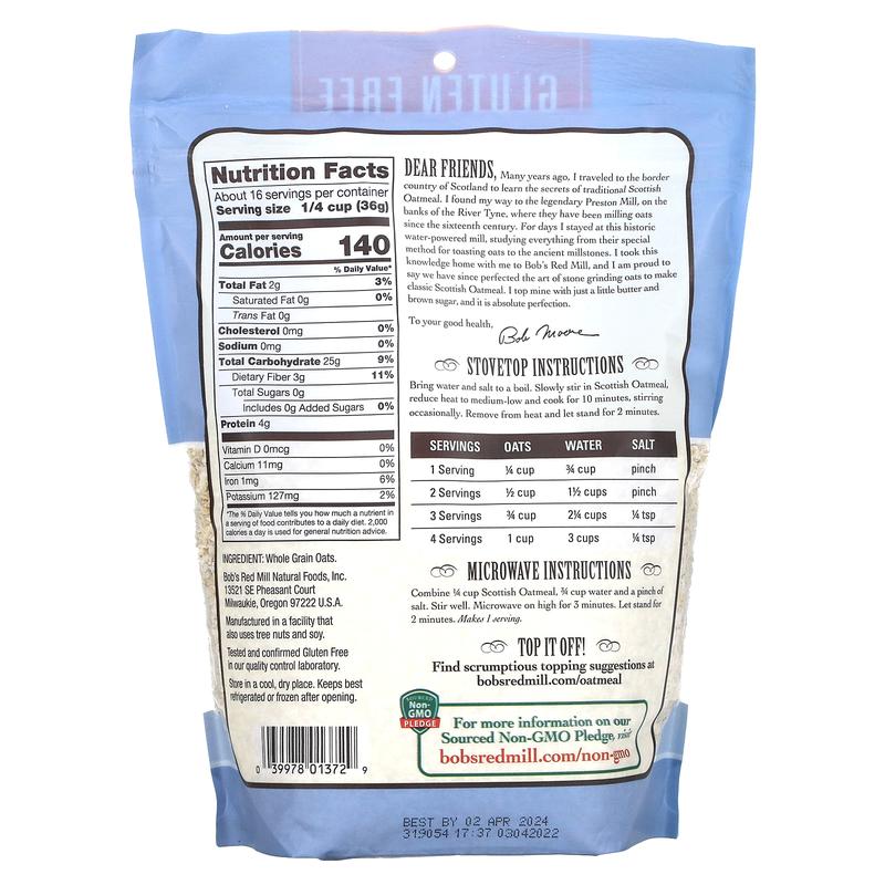 Bob's Red Mill Scottish Oatmeal, Whole Grain, Gluten Free, 20 oz (567 g)
