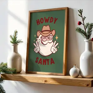 Fun Holiday Decor Vintage Christmas Aesthetic Western Christmas Wall Art Cowboy Santa Print Retro Christmas Poster Room Decor Unframed