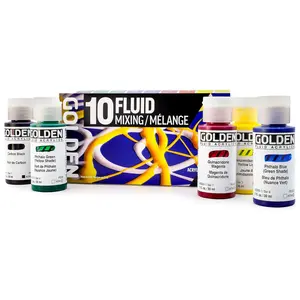 Golden Fluid Mixing Set - 10 Color Professional Acrylic Paint Set - 1 oz Bottles