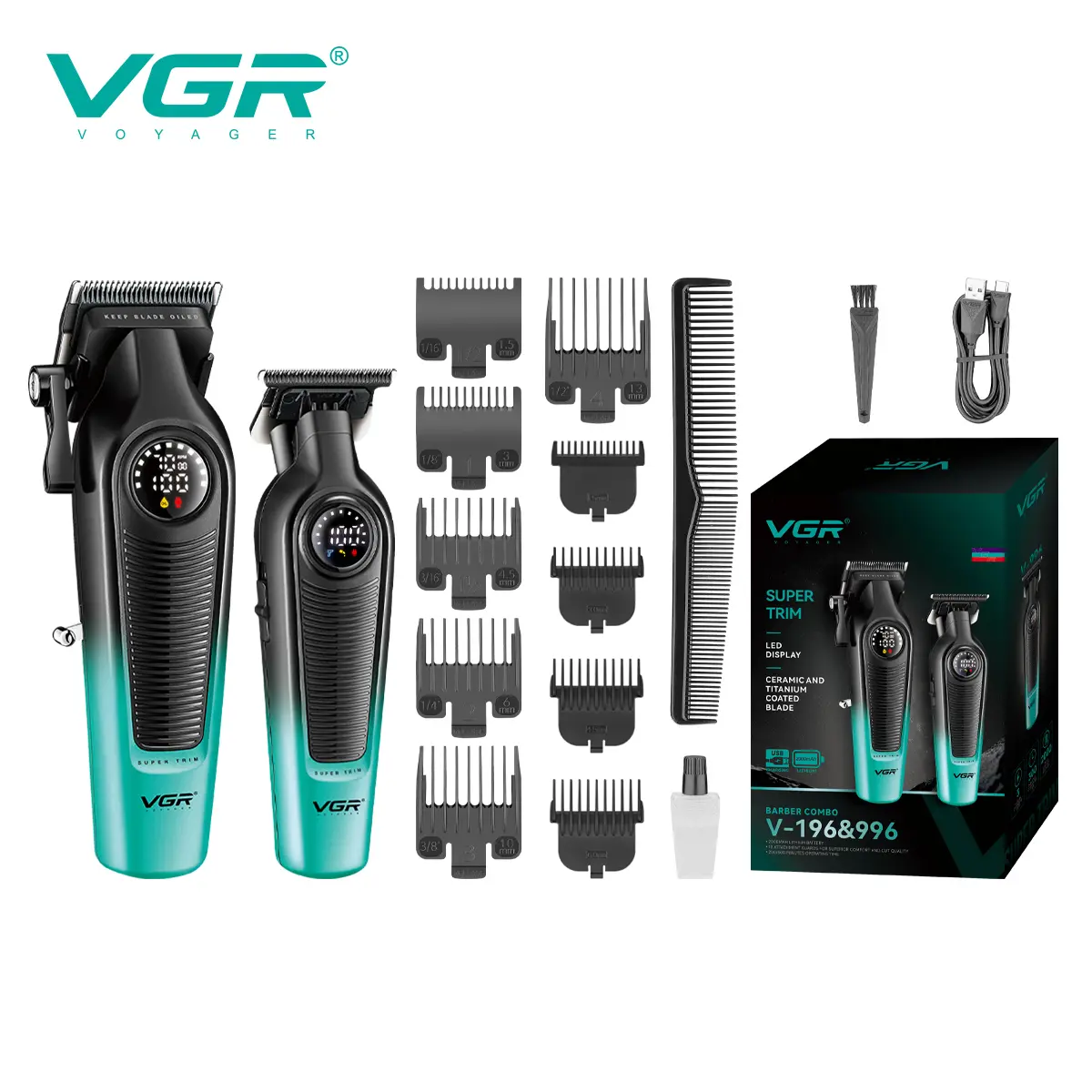 VGR V-196&996 Professional Hair Clippers for Men Cordless Barber Clippers & Beard Trimmer Zero-Gap T-Blade Trimmer Set with LED Display summerwins