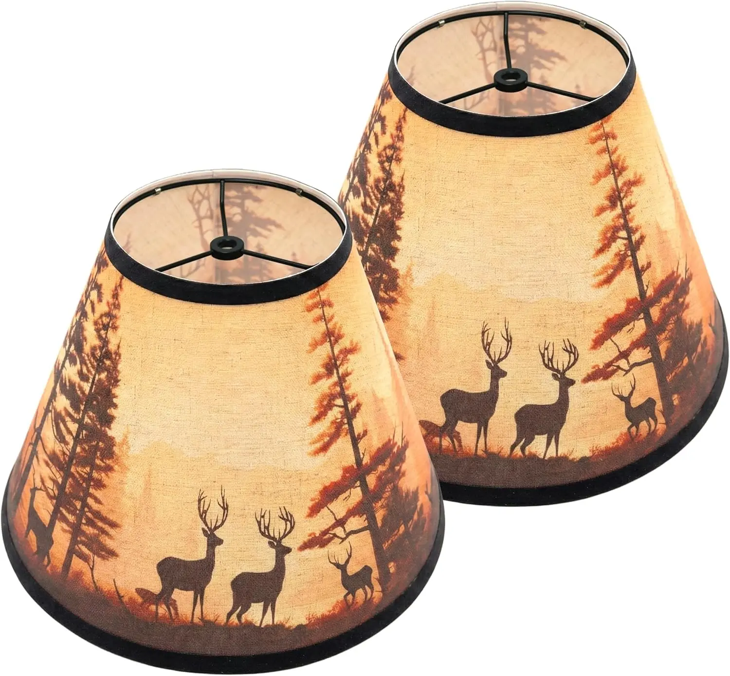 Rustic Deer Printed Empire Lamp Shades Set of 2, 6"x13"x10" Medium Brown Lampshades for Country Cabin Decor Spider Fitter Replacement for Table Lamps Easy Assembly