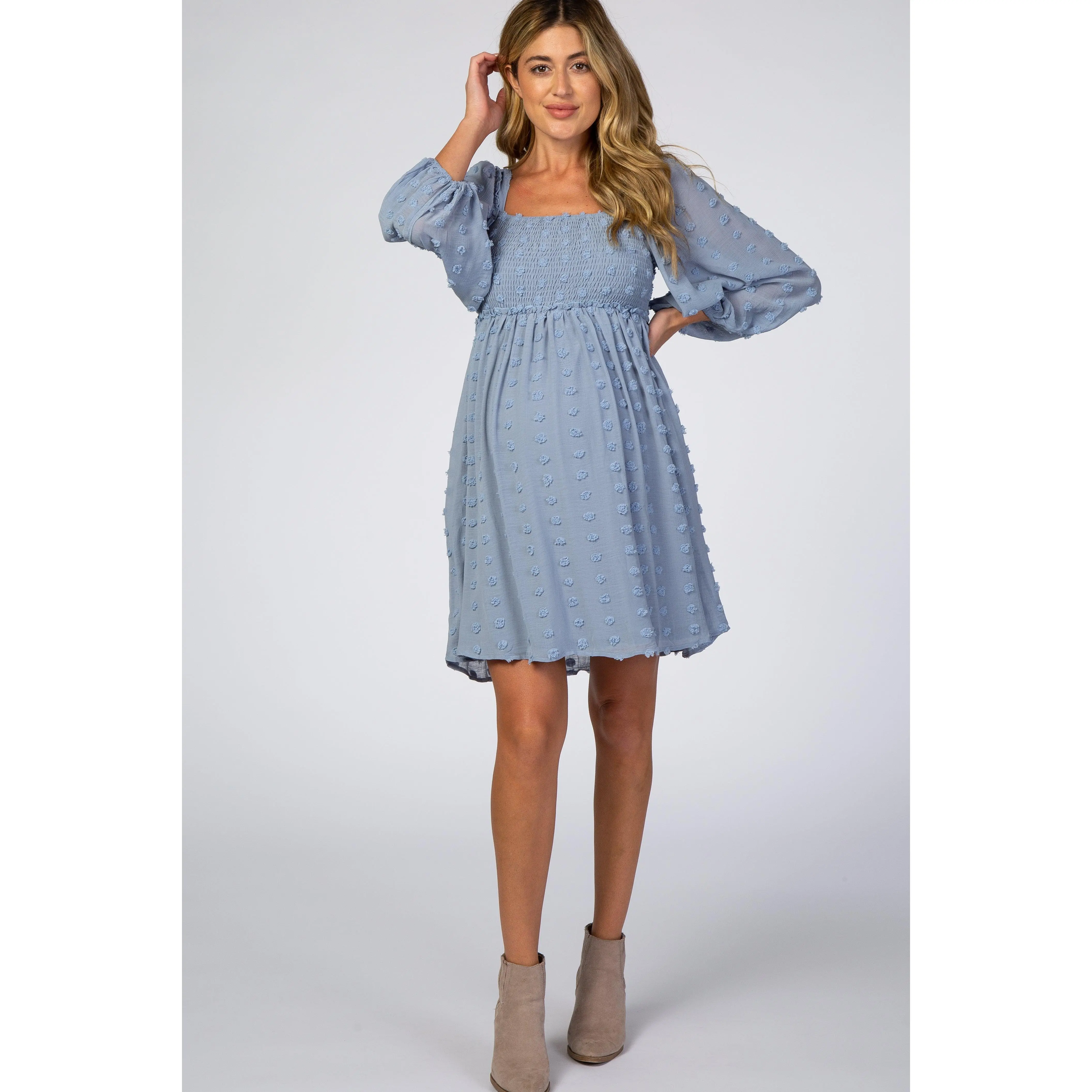 Light Blue Textured Dot Smocked Square Neck Chiffon Maternity Dress