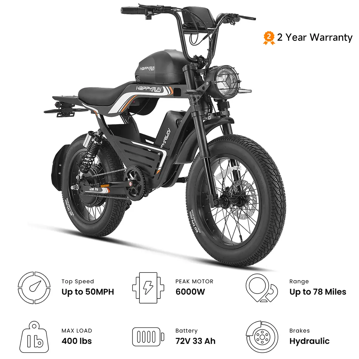 HAPPYRUN 100 Pro Electric Bike , 6000W Peak Power, Up To 50 MPH Top Speed, 72V 33Ah Battery, Up To 78 Miles Range, Hydraulic Brakes, 400 LBS Load Capacity, With 2-Year Warranty