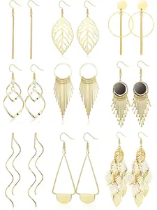 9 Pairs Drop Dangle Earrings Set for Women Girls Hypoallergenic Stainless Steel Earrings Boho Vintage Silver/Gold Wave Leaf Tassel Drop Earrings Set Long Bar Earrings Fashion Jewellery