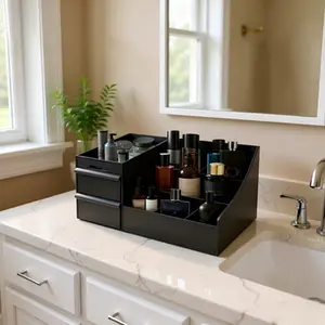 Men's Black Cologne Organizer with 2 Drawers for Perfume Shaving & Skincare Essentials Sleek Design for Bathroom Vanity Ideal Gift for Boyfriend Husband Father or Friends